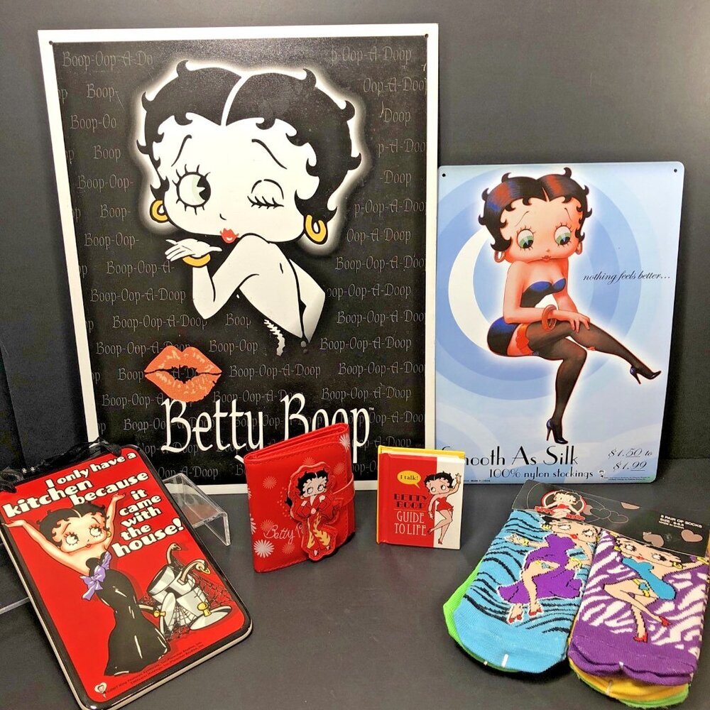 Betty Boop Collection, Lot Of 6, Signs, Socks, Wallet And Book ** READ**  CN
